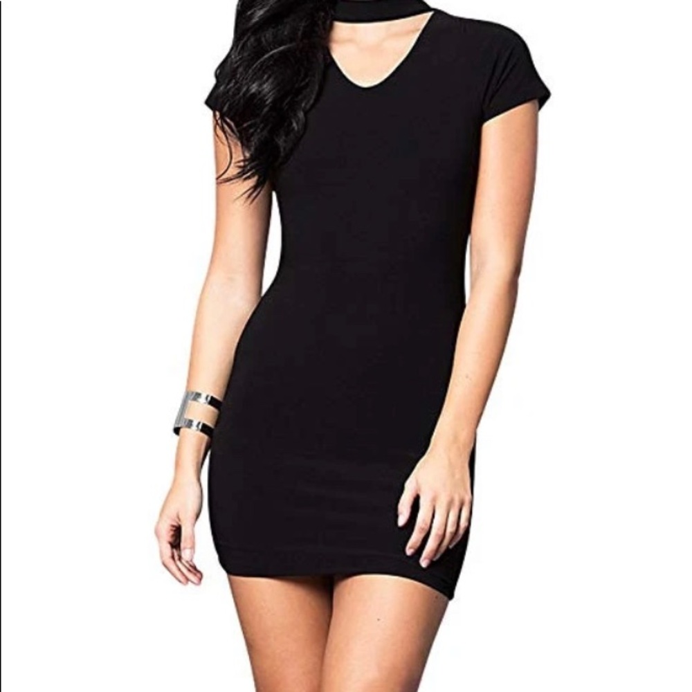 Light blue v-neck party dress with choker neckline.